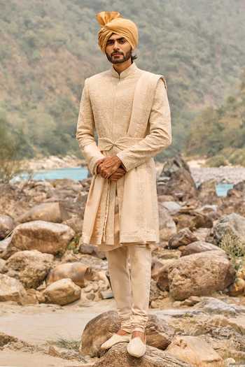 Nitika Gujral Peach Silk, Cotton Soft Legacy Sherwani Set Online at Aza Fashions Nitika Gujral_Peach Silk, Cotton Soft Legacy Sherwani Set _Online_at_Aza_Fashions