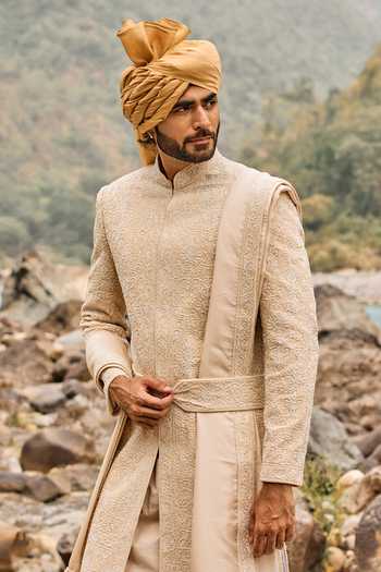 Buy Nitika Gujral Peach Silk, Cotton Soft Legacy Sherwani Set Online at Aza Fashions Buy_Nitika Gujral_Peach Silk, Cotton Soft Legacy Sherwani Set _Online_at_Aza_Fashions