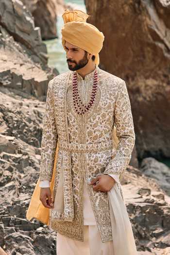 Nitika Gujral Ivory Silk, Cotton Floral Embroidered Sherwani Set Online at Aza Fashions Nitika Gujral_Ivory Silk, Cotton Floral Embroidered Sherwani Set _Online_at_Aza_Fashions