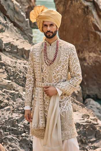 Buy Nitika Gujral Ivory Silk, Cotton Floral Embroidered Sherwani Set Online at Aza Fashions Buy_Nitika Gujral_Ivory Silk, Cotton Floral Embroidered Sherwani Set _Online_at_Aza_Fashions