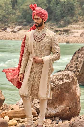 Nitika Gujral Beige Silk, Cotton Floral Embroidered Sherwani Set Online at Aza Fashions Nitika Gujral_Beige Silk, Cotton Floral Embroidered Sherwani Set _Online_at_Aza_Fashions