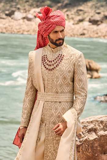 Buy Nitika Gujral Beige Silk, Cotton Floral Embroidered Sherwani Set Online at Aza Fashions Buy_Nitika Gujral_Beige Silk, Cotton Floral Embroidered Sherwani Set _Online_at_Aza_Fashions