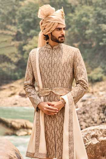 Nitika Gujral_Brown Silk, Cotton, Lycra Resham Work Sherwani Set _Online_at_Aza_Fashions