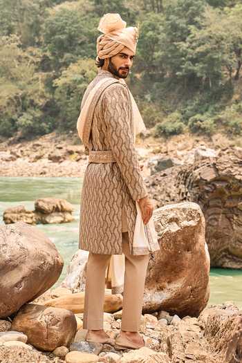 Buy_Nitika Gujral_Brown Silk, Cotton, Lycra Resham Work Sherwani Set _Online_at_Aza_Fashions