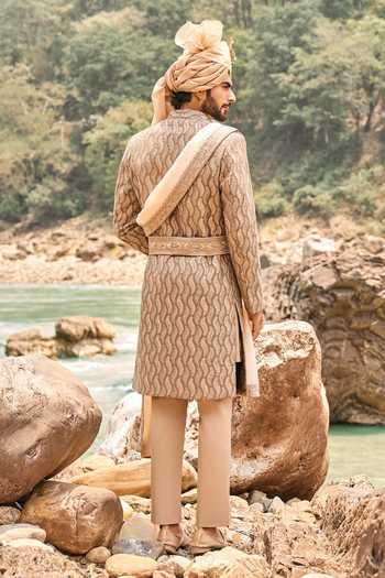 Shop Nitika Gujral Brown Silk, Cotton, Lycra Resham Work Sherwani Set at Aza Fashions Shop_Nitika Gujral_Brown Silk, Cotton, Lycra Resham Work Sherwani Set _at_Aza_Fashions