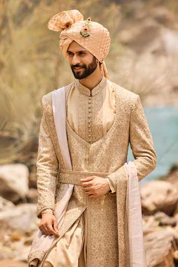 Nitika Gujral Beige , Cotton, Chanderi Fawn Angrakha Sherwani Set Online at Aza Fashions Nitika Gujral_Beige , Cotton, Chanderi Fawn Angrakha Sherwani Set _Online_at_Aza_Fashions