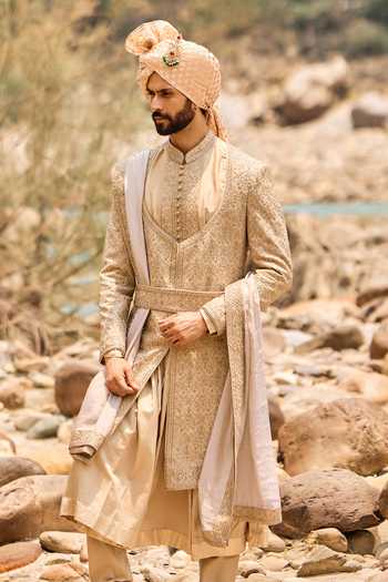 Buy Nitika Gujral Beige , Cotton, Chanderi Fawn Angrakha Sherwani Set Online at Aza Fashions Buy_Nitika Gujral_Beige , Cotton, Chanderi Fawn Angrakha Sherwani Set _Online_at_Aza_Fashions