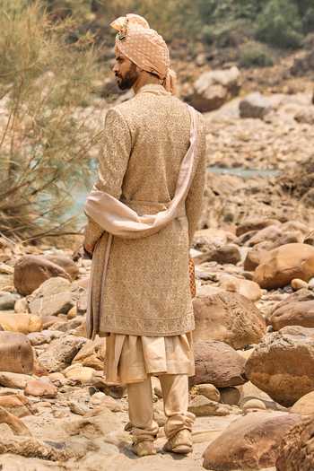 Nitika Gujral Fawn Angrakha Sherwani Set 