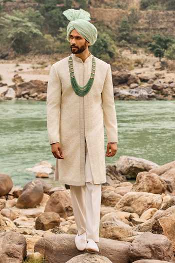 Nitika Gujral Ivory Silk, Cotton, Lycra Jaal Sherwani Set Online at Aza Fashions Nitika Gujral_Ivory Silk, Cotton, Lycra Jaal Sherwani Set _Online_at_Aza_Fashions