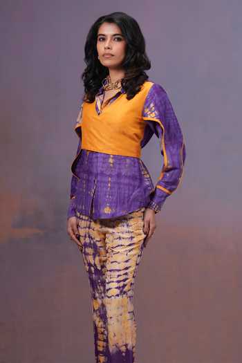 Buy_Ananya Agrawal Label_Yellow Silk, Linen V-neck Jamun Shirt And Shibori Trouser Co-ord Set _Online_at_Aza_Fashions