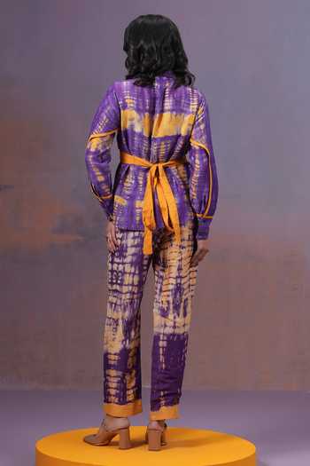 Ananya Agrawal Label_Yellow Silk, Linen V-neck Jamun Shirt And Shibori Trouser Co-ord Set _Online_at_Aza_Fashions