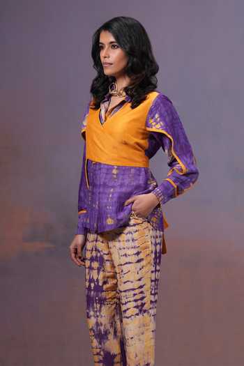 Ananya Agrawal Label_Yellow Silk, Linen V-neck Jamun Shirt And Shibori Trouser Co-ord Set _at_Aza_Fashions