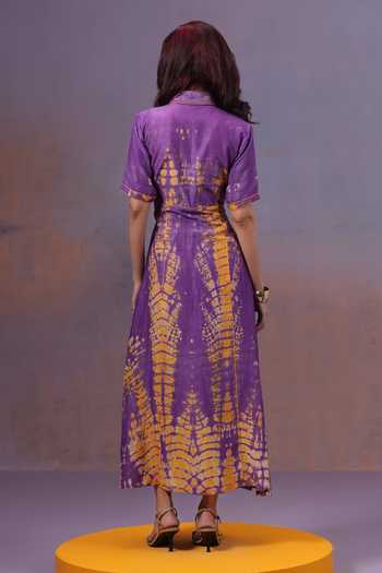 Ananya Agrawal Label_Purple Silk, Linen Collared Neck Jamun Shibori Dyed Dress _Online_at_Aza_Fashions