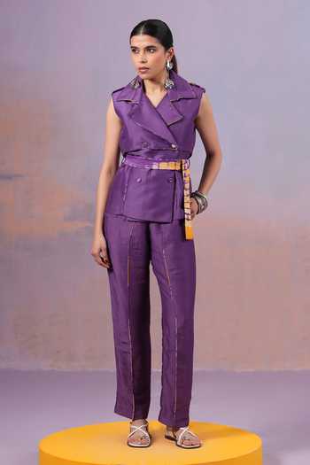 Ananya Agrawal Label_Purple Chanderi Silk Jamun Short Trench Coat _Online_at_Aza_Fashions