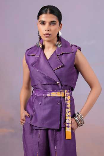 Shop_Ananya Agrawal Label_Purple Chanderi Silk Jamun Short Trench Coat _Online_at_Aza_Fashions