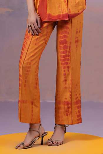 Buy_Ananya Agrawal Label_Red Silk, Chanderi Collared Neck Narangi Shibori Dyed Shirt And Pant Co-ord Set _Online_at_Aza_Fashions