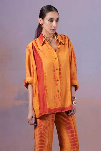 Shop_Ananya Agrawal Label_Red Silk, Chanderi Collared Neck Narangi Shibori Dyed Shirt And Pant Co-ord Set _Online_at_Aza_Fashions