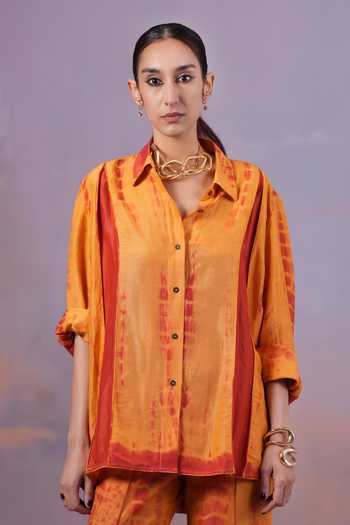 Ananya Agrawal Label_Red Silk, Chanderi Collared Neck Narangi Shibori Dyed Shirt And Pant Co-ord Set _at_Aza_Fashions