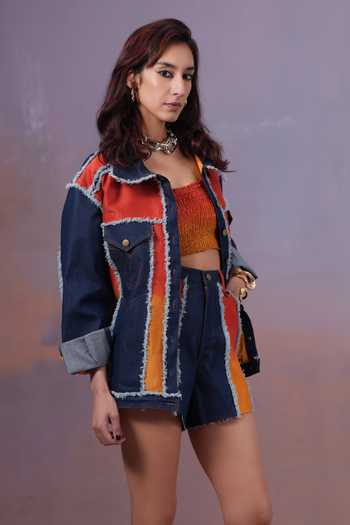 Shop Ananya Agrawal Label Orange Silk, Linen, Denim Collared Neck Oversized Jacket Online at Aza Fashions Shop_Ananya Agrawal Label_Orange Silk, Linen, Denim Collared Neck Oversized Jacket _Online_at_Aza_Fashions
