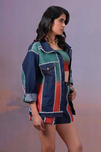 Buy Ananya Agrawal Label Blue Silk, Denim Collared Neck Rangmaya Oversized Jacket Online at Aza Fashions Buy_Ananya Agrawal Label_Blue Silk, Denim Collared Neck Rangmaya Oversized Jacket _Online_at_Aza_Fashions