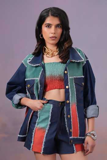Shop Ananya Agrawal Label Blue Silk, Denim Collared Neck Rangmaya Oversized Jacket Online at Aza Fashions Shop_Ananya Agrawal Label_Blue Silk, Denim Collared Neck Rangmaya Oversized Jacket _Online_at_Aza_Fashions
