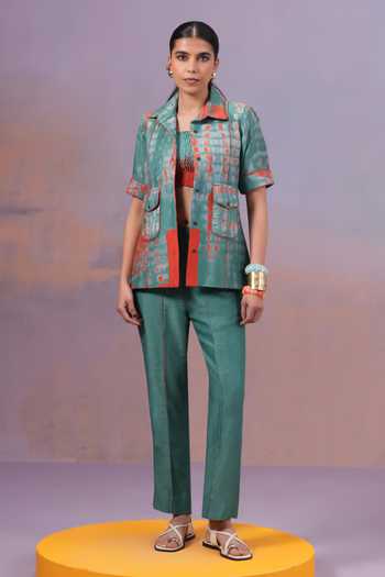 Buy Ananya Agrawal Label Orange Chanderi Silk, Denim Collared Neck Rangmaya Shibori Hand Dyed Jacket Online at Aza Fashions Buy_Ananya Agrawal Label_Orange Chanderi Silk, Denim Collared Neck Rangmaya Shibori Hand Dyed Jacket _Online_at_Aza_Fashions