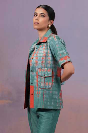 Shop Ananya Agrawal Label Orange Chanderi Silk, Denim Collared Neck Rangmaya Shibori Hand Dyed Jacket Online at Aza Fashions Shop_Ananya Agrawal Label_Orange Chanderi Silk, Denim Collared Neck Rangmaya Shibori Hand Dyed Jacket _Online_at_Aza_Fashions