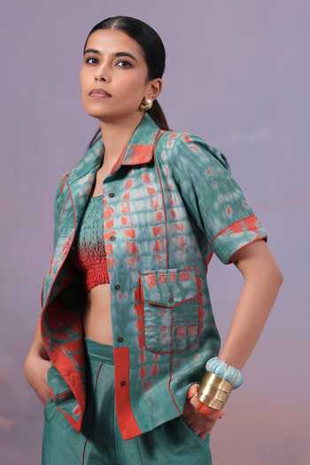 Buy Ananya Agrawal Label Orange Chanderi Silk, Denim Collared Neck Rangmaya Shibori Hand Dyed Jacket Buy_Ananya Agrawal Label_Orange Chanderi Silk, Denim Collared Neck Rangmaya Shibori Hand Dyed Jacket