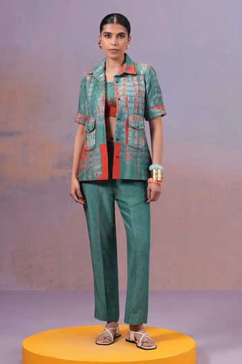 Ananya Agrawal Label Blue Chanderi Silk, Denim Rangmaya High Rise Trouser Online at Aza Fashions Ananya Agrawal Label_Blue Chanderi Silk, Denim Rangmaya High Rise Trouser _Online_at_Aza_Fashions