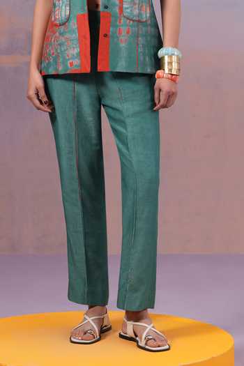 Buy Ananya Agrawal Label Blue Chanderi Silk, Denim Rangmaya High Rise Trouser Online at Aza Fashions Buy_Ananya Agrawal Label_Blue Chanderi Silk, Denim Rangmaya High Rise Trouser _Online_at_Aza_Fashions