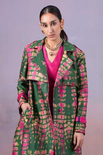 Shop Ananya Agrawal Label Pink Chanderi Silk Rangrezi Shibori Dyed Trench Coat Online at Aza Fashions Shop_Ananya Agrawal Label_Pink Chanderi Silk Rangrezi Shibori Dyed Trench Coat _Online_at_Aza_Fashions