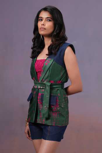 Shop Ananya Agrawal Label Multi Color Chanderi Silk, Denim Open Rangrezi Shibori Dyed Jacket And Shorts Set Online at Aza Fashions Shop_Ananya Agrawal Label_Multi Color Chanderi Silk, Denim Open Rangrezi Shibori Dyed Jacket And Shorts Set _Online_at_Aza_Fashions