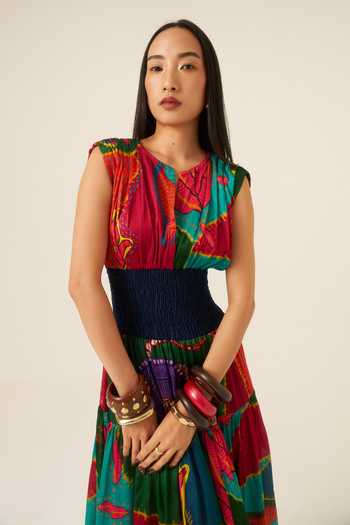 Buy Ananya Agrawal Label Multi Color Organza, Satin, Denim Round Neck Forest Mosaic Smocked Dress Online at Aza Fashions Buy_Ananya Agrawal Label_Multi Color Organza, Satin, Denim Round Neck Forest Mosaic Smocked Dress _Online_at_Aza_Fashions