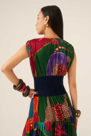 Shop Ananya Agrawal Label Multi Color Organza, Satin, Denim Round Neck Forest Mosaic Smocked Dress Online at Aza Fashions Shop_Ananya Agrawal Label_Multi Color Organza, Satin, Denim Round Neck Forest Mosaic Smocked Dress _Online_at_Aza_Fashions