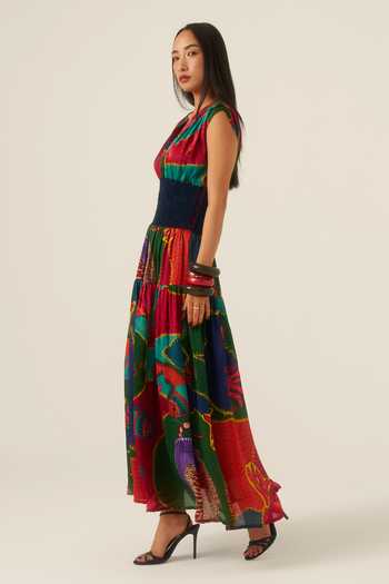 Ananya Agrawal Label Multi Color Organza, Satin, Denim Round Neck Forest Mosaic Smocked Dress at Aza Fashions Ananya Agrawal Label_Multi Color Organza, Satin, Denim Round Neck Forest Mosaic Smocked Dress _at_Aza_Fashions