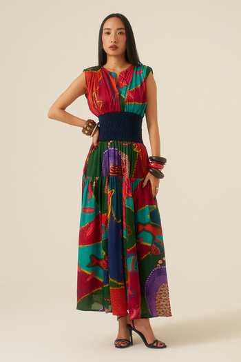 Ananya Agrawal Label Forest Mosaic Smocked Dress 