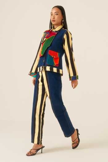 Shop Ananya Agrawal Label Blue Organza, Satin, Denim Collared Forest Mosaic Print Jacket And Trouser Set Online at Aza Fashions Shop_Ananya Agrawal Label_Blue Organza, Satin, Denim Collared Forest Mosaic Print Jacket And Trouser Set _Online_at_Aza_Fashions