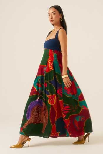 Buy Ananya Agrawal Label Blue Organza, Satin, Denim Square Neck Forest Mosaic Print Maxi Dress Online at Aza Fashions Buy_Ananya Agrawal Label_Blue Organza, Satin, Denim Square Neck Forest Mosaic Print Maxi Dress _Online_at_Aza_Fashions