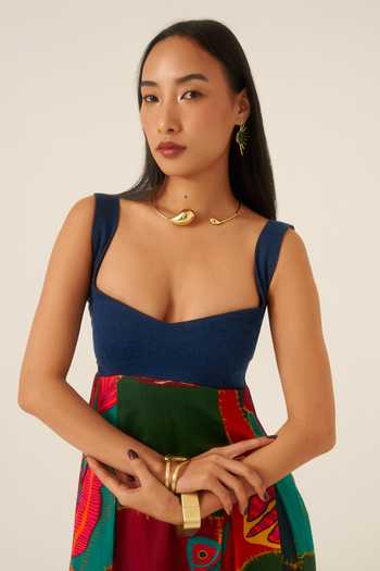 Shop Ananya Agrawal Label Blue Organza, Satin, Denim Square Neck Forest Mosaic Print Maxi Dress Online at Aza Fashions Shop_Ananya Agrawal Label_Blue Organza, Satin, Denim Square Neck Forest Mosaic Print Maxi Dress _Online_at_Aza_Fashions