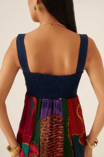 Ananya Agrawal Label Blue Organza, Satin, Denim Square Neck Forest Mosaic Print Maxi Dress at Aza Fashions Ananya Agrawal Label_Blue Organza, Satin, Denim Square Neck Forest Mosaic Print Maxi Dress _at_Aza_Fashions