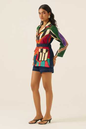 Ananya Agrawal Label Green Organza, Satin, Denim Forest Mosaic Print Safari Jacket And Shorts Set at Aza Fashions Ananya Agrawal Label_Green Organza, Satin, Denim Forest Mosaic Print Safari Jacket And Shorts Set _at_Aza_Fashions