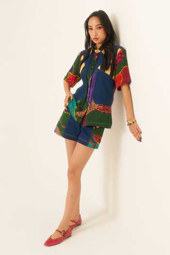 Buy Ananya Agrawal Label Multi Color Organza, Satin, Denim Forest Mosaic Print Shirt And Shorts Set Online at Aza Fashions Buy_Ananya Agrawal Label_Multi Color Organza, Satin, Denim Forest Mosaic Print Shirt And Shorts Set _Online_at_Aza_Fashions
