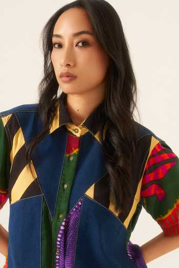 Shop Ananya Agrawal Label Multi Color Organza, Satin, Denim Forest Mosaic Print Shirt And Shorts Set Online at Aza Fashions Shop_Ananya Agrawal Label_Multi Color Organza, Satin, Denim Forest Mosaic Print Shirt And Shorts Set _Online_at_Aza_Fashions