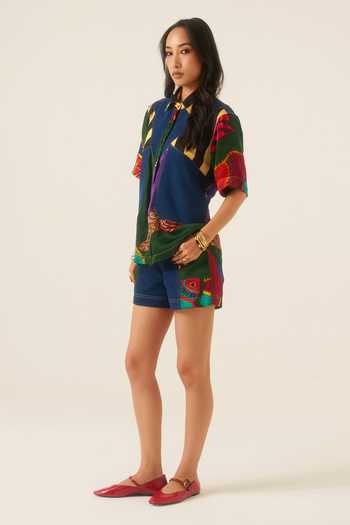 Buy Ananya Agrawal Label Multi Color Organza, Satin, Denim Forest Mosaic Print Shirt And Shorts Set Buy_Ananya Agrawal Label_Multi Color Organza, Satin, Denim Forest Mosaic Print Shirt And Shorts Set