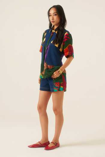 Shop Ananya Agrawal Label Multi Color Organza, Satin, Denim Forest Mosaic Print Shirt And Shorts Set Shop_Ananya Agrawal Label_Multi Color Organza, Satin, Denim Forest Mosaic Print Shirt And Shorts Set