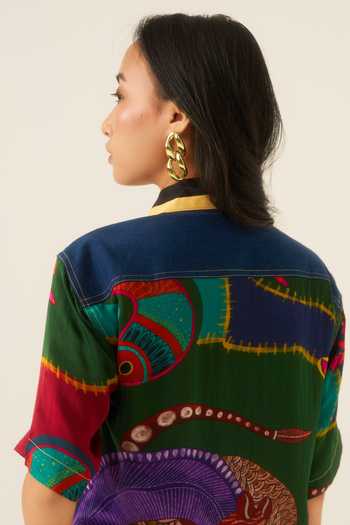 Ananya Agrawal Label_Multi Color Organza, Satin, Denim Collared Neck Forest Mosaic Print Shirt _at_Aza_Fashions