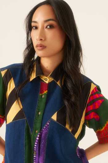 Buy_Ananya Agrawal Label_Multi Color Organza, Satin, Denim Collared Neck Forest Mosaic Print Shirt 