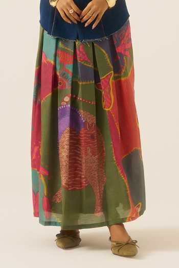 Buy Ananya Agrawal Label Blue Chanderi, Denim Collared Neck Forest Mosaic Print Waistcoat And Skirt Set Online at Aza Fashions Buy_Ananya Agrawal Label_Blue Chanderi, Denim Collared Neck Forest Mosaic Print Waistcoat And Skirt Set _Online_at_Aza_Fashions
