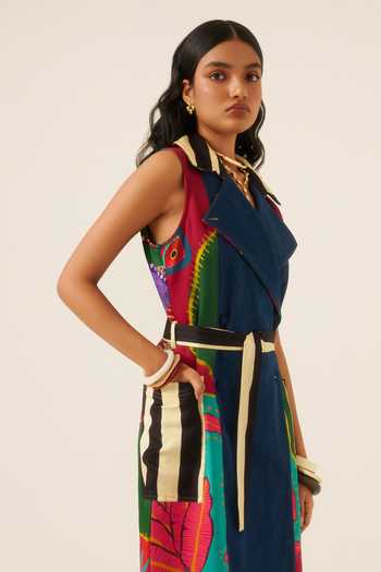 Buy Ananya Agrawal Label Blue Organza, Satin, Denim Forest Mosaic Print Trench Coat Online at Aza Fashions Buy_Ananya Agrawal Label_Blue Organza, Satin, Denim Forest Mosaic Print Trench Coat _Online_at_Aza_Fashions