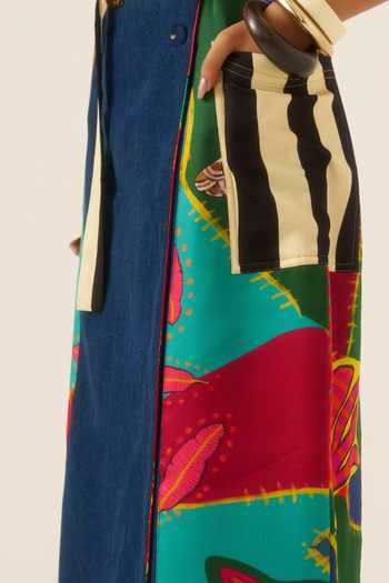 Shop Ananya Agrawal Label Blue Organza, Satin, Denim Forest Mosaic Print Trench Coat Online at Aza Fashions Shop_Ananya Agrawal Label_Blue Organza, Satin, Denim Forest Mosaic Print Trench Coat _Online_at_Aza_Fashions